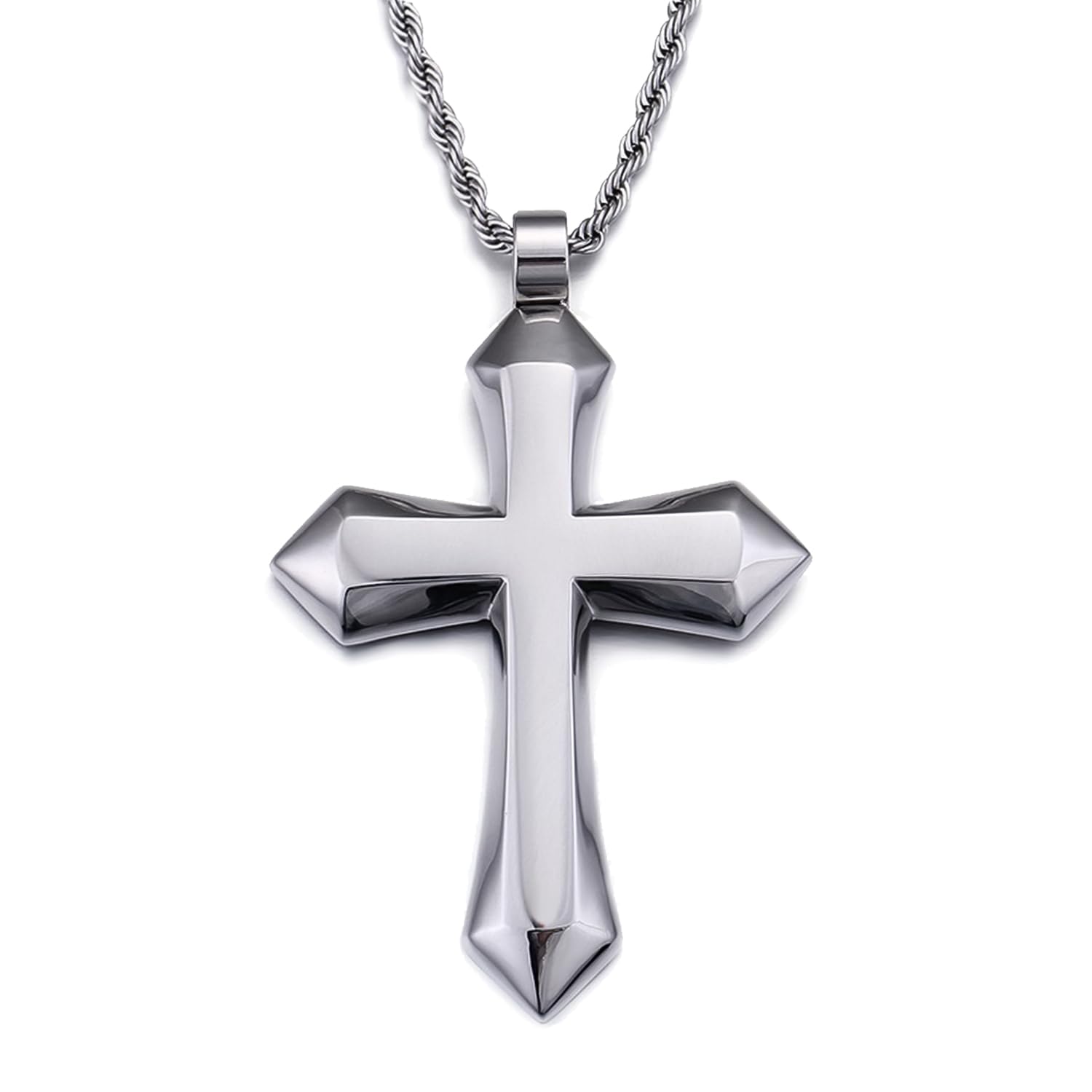 FULULAY Mens Stainless Steel Large Jesus Christ Cross Pendant NecklaceHigh Polished With Polo Chain 22 24 26 inchSilver