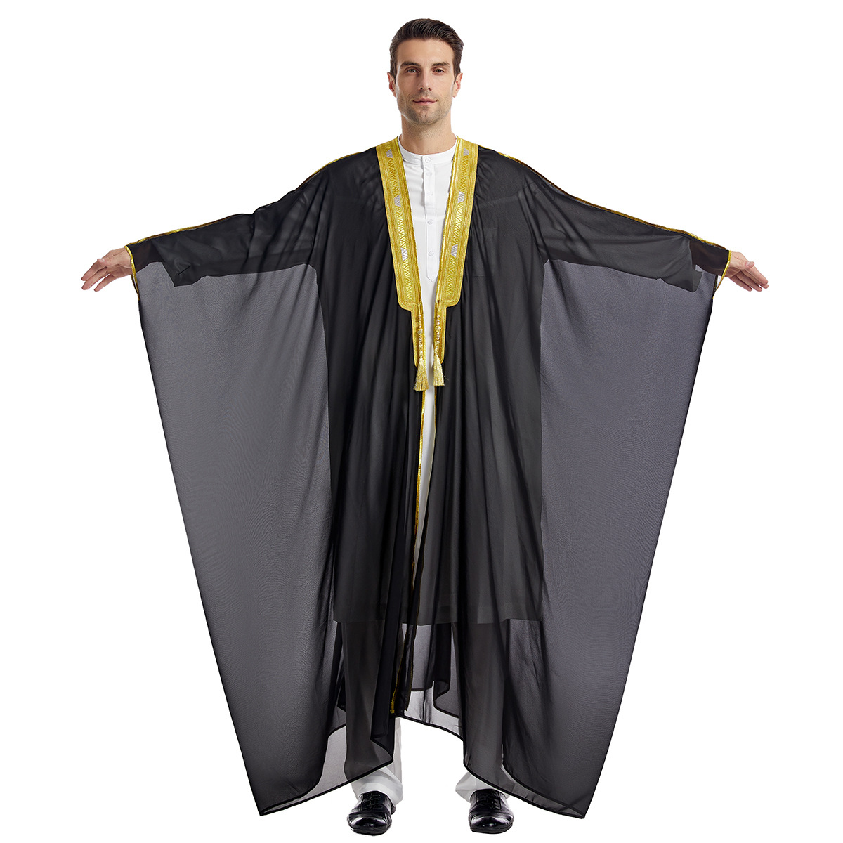 Men's Robe Arabic Embroidered Long Sleeve Tassel Golden Balls Chiffon Shawl