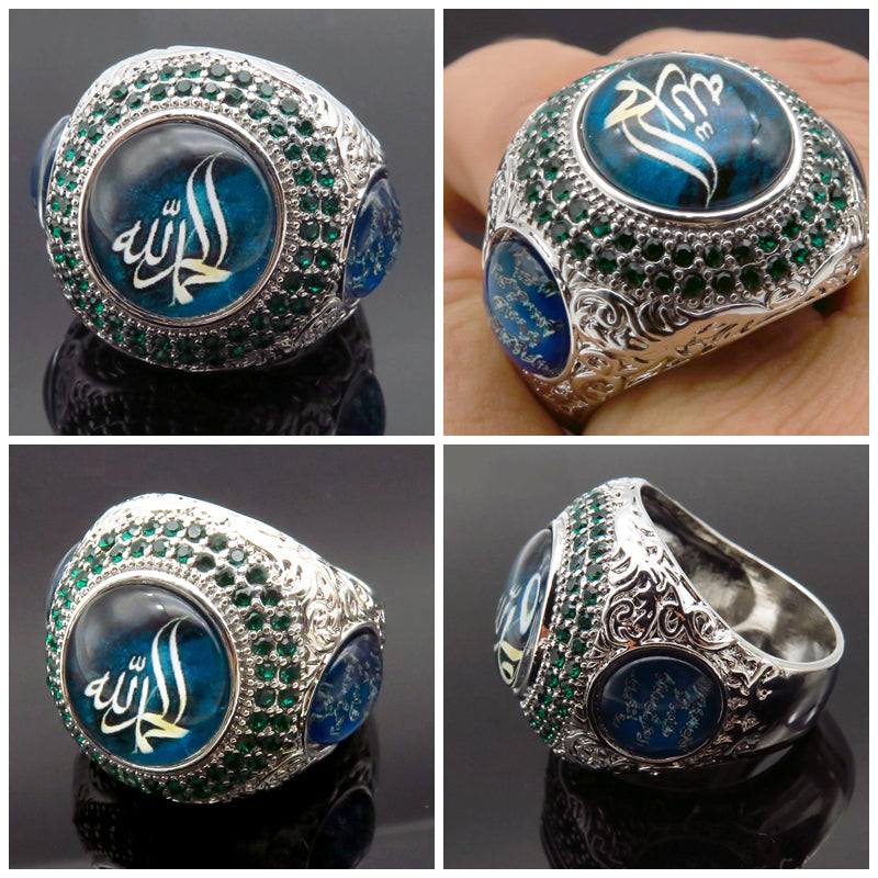 Men's Luxury Arabic Script Ring with Gemstones and Design