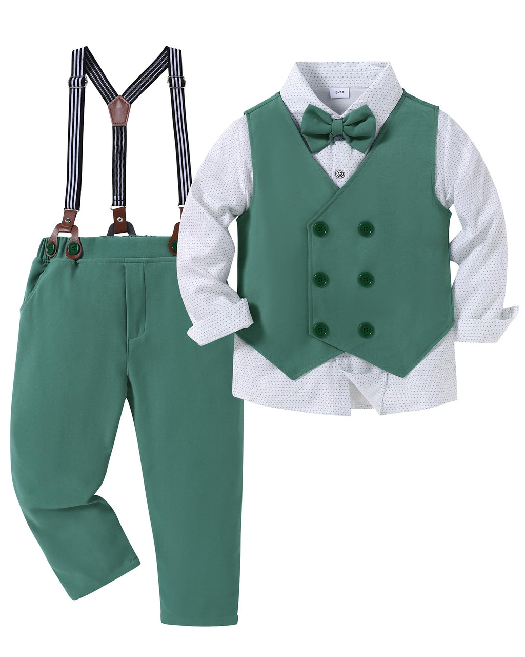 YALLET Boy Clothes Suits Formal Dress Shirt with Bowtie+Vest+Suspender Pants Big Kid Gentleman Wedding Outfits(Light Green 8-9 Years)