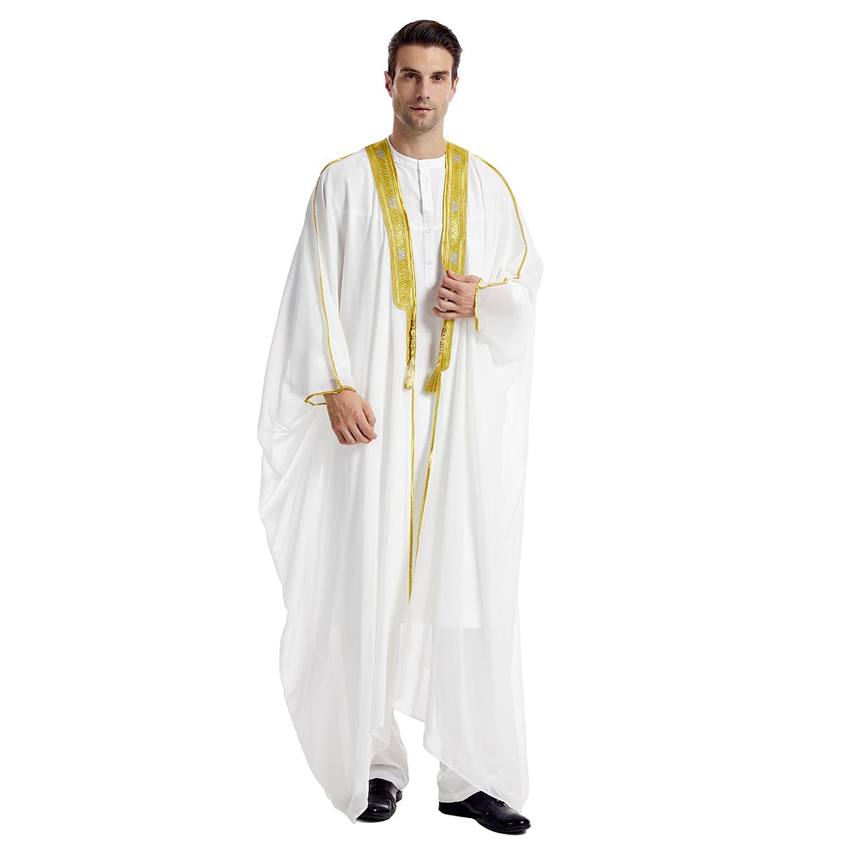 FYMNSI Mens Robe Muslim Clothes Long Sleeve V Neck Open Front Satin Embroidered Kaftan Cardigan Kimono Arabic Dubai Chiffon Loose Thobe Abaya Men Middle East Robes Caftan Dishdasha White M