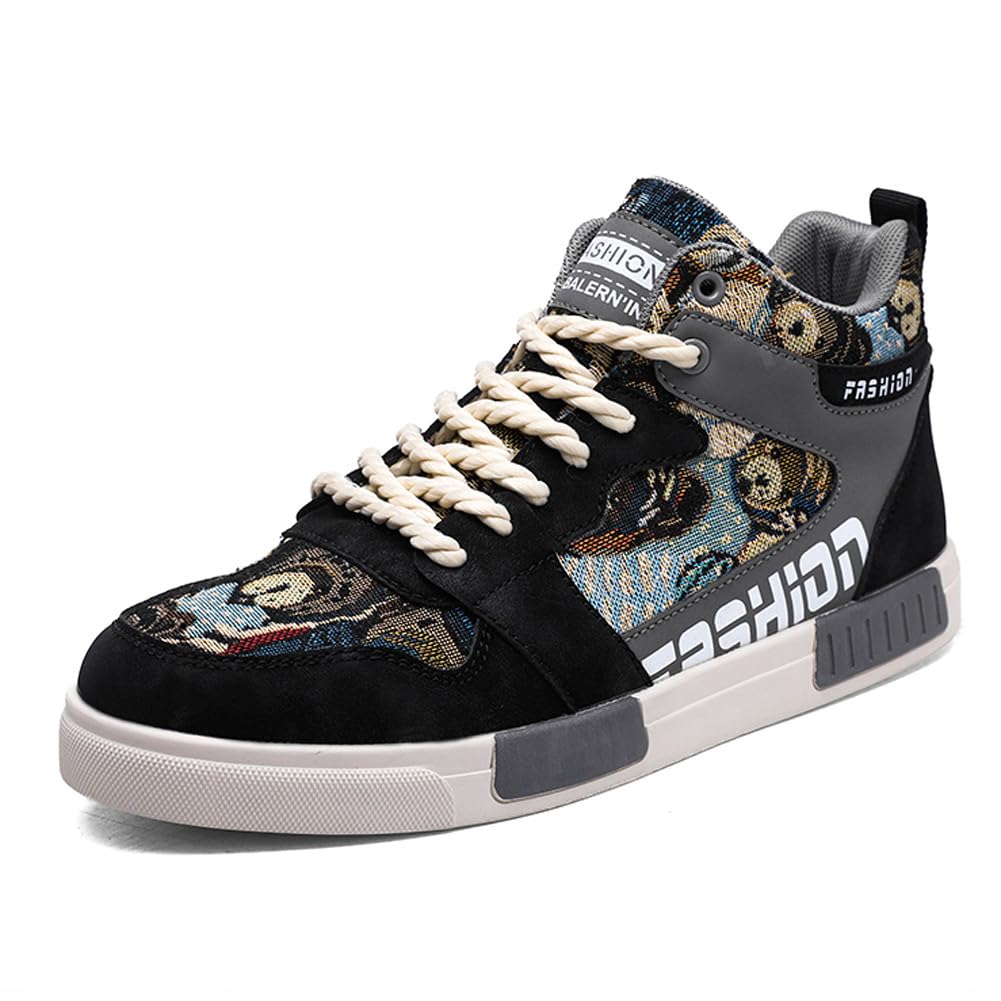 WELRUNG Mens Fashion High Top Chinese Style Skate Sneakers Stylish Comfortable Skateboarding Road Running Walking Shoes Size 8.5 Black Grey