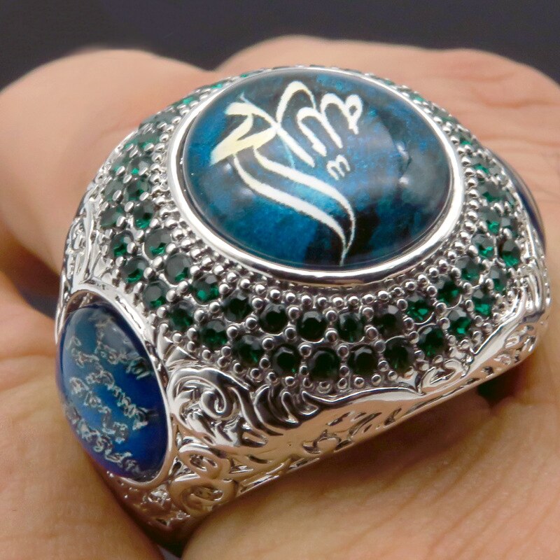 Men's Luxury Arabic Script Ring with Gemstones and Design