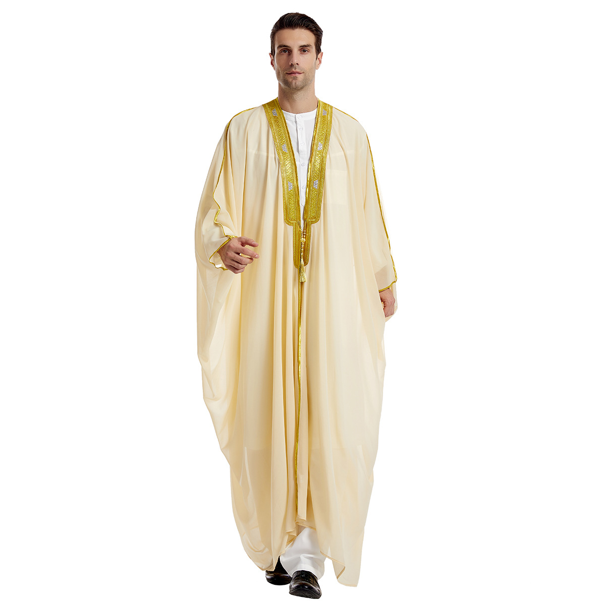 Men's Robe Arabic Embroidered Long Sleeve Tassel Golden Balls Chiffon Shawl