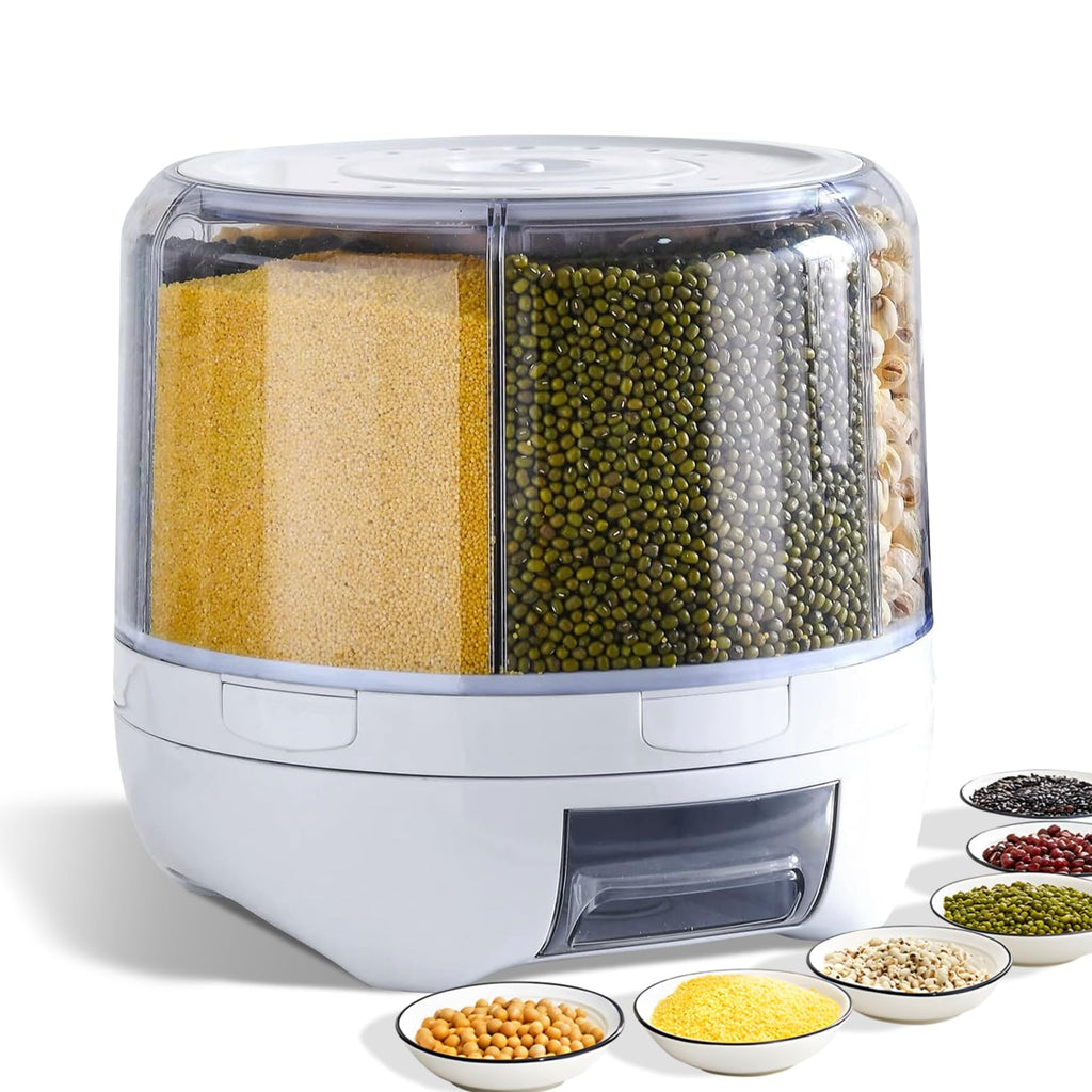 Slow Slog Grain Dispenser 360° Rotating Storage Container 6 Grid Food Dispenser with Storage Sealed Lid Rice Dispenser for Grains Beans Rice Peanut Barley