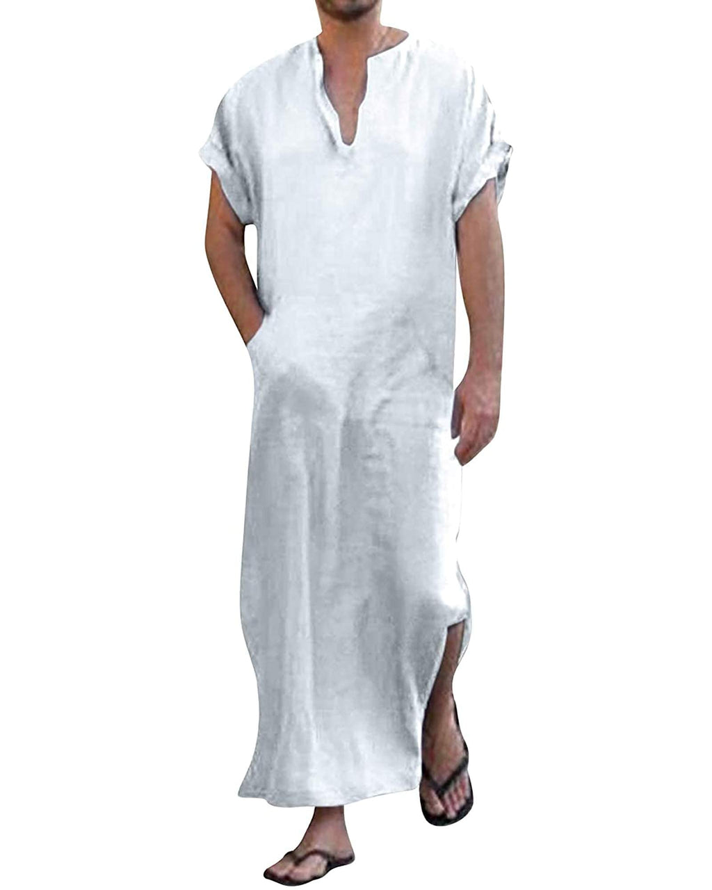 YAOHUOLE Mens V-Neck Arabic Thobe Side Split Kaftan Long Gown Cotton Robe Casual Shirt White 2XL