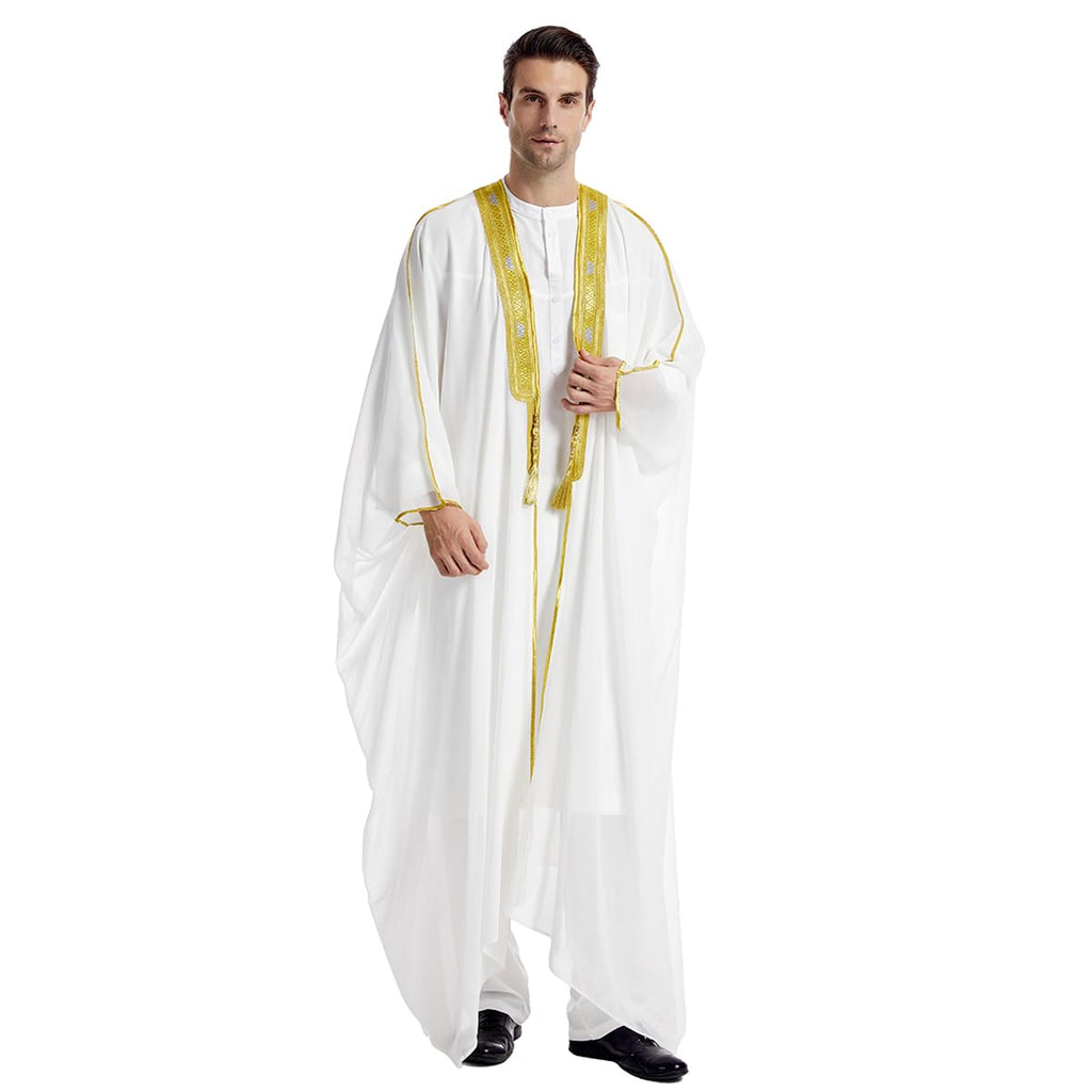 FYMNSI Mens Robe Muslim Clothes Long Sleeve V Neck Open Front Satin Embroidered Kaftan Cardigan Kimono Arabic Dubai Chiffon Loose Thobe Abaya Men Middle East Robes Caftan Dishdasha White M