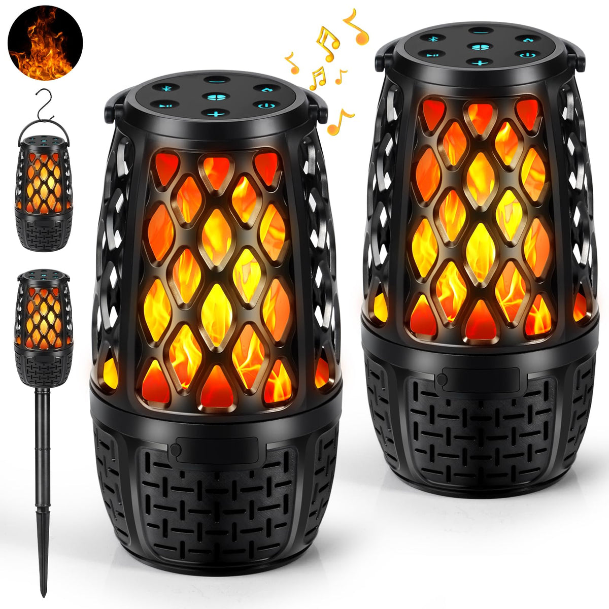 Plomixius Outdoor Speakers Colorful LED Flame Speaker Gift for Men Torch Atmosphere Speaker Waterproof Bluetooth 5.3 Stereo Sound Portable Wireless Speaker with Stake Hook for Patio/Yard/Porch