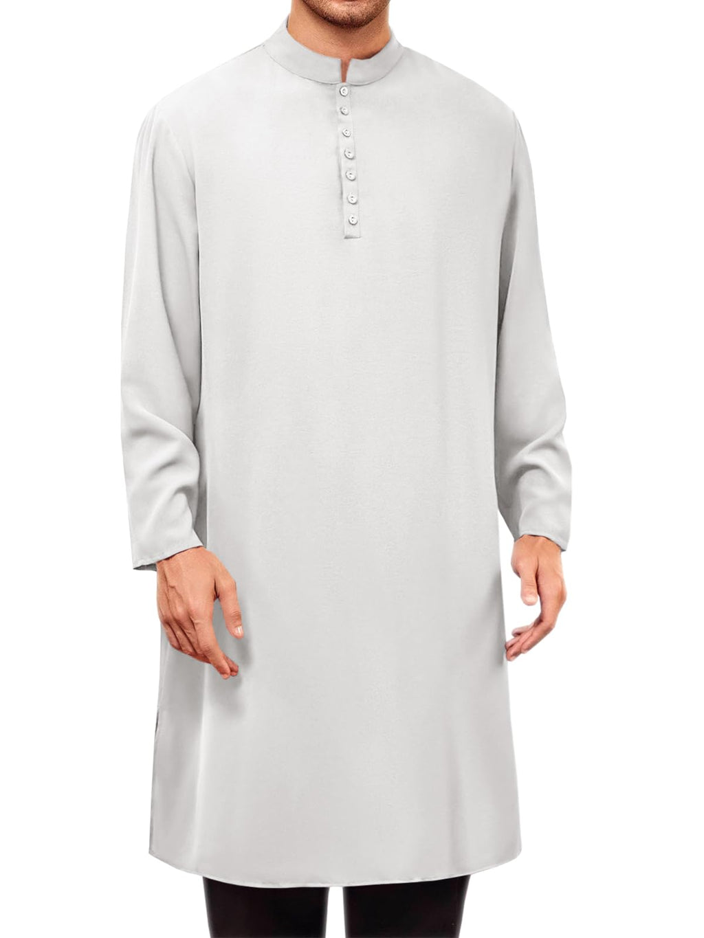 Runcati Mens Abaya Thobe Arabic T Shirts Kaftan Longline Banded Collar Plain Gown Henley Shirts White